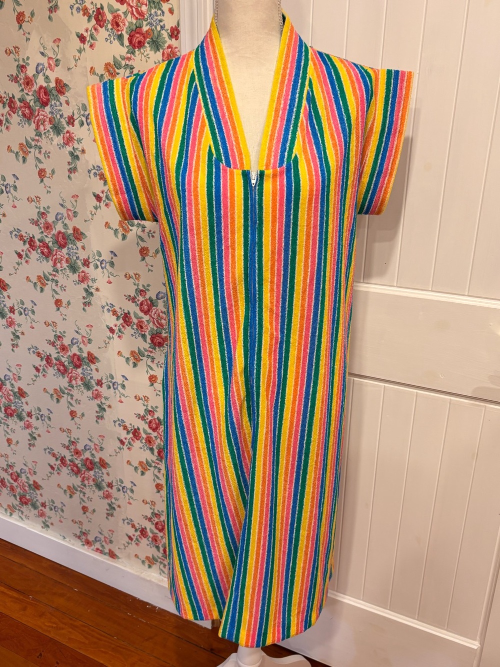 Vintage 60s 70s Rainbow Terry Cloth Caftan Mrs Roper Costume Handmade Size S